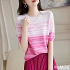 【MsMore】 雙曲冰麻線衫圓領撞色格紋提花五分短袖針織衫寬鬆短版上衣# 121868 FREE 粉紅色