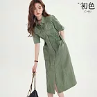 【初色】美式工裝修身收腰翻領排扣短袖A字襯衫連衣裙連身洋裝長裙-軍綠色-16063(M-4XL可選) M 軍綠色
