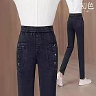 【初色】休閒簡約口袋鈕扣加絨高腰鬆緊腰收牛仔褲窄褲九分褲長褲-共2款-16039(M-5XL可選) M 黑灰色九分褲