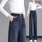 【初色】簡約休閒高腰垂感加絨鬆緊腰直筒牛仔褲九分褲寬褲長褲-共2色6款-16036(M-5XL可選) M 深藍色九分褲