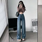 【MsMore】 闊腿牛仔褲高腰時尚直筒寬鬆闊腿拖地長褲# 124854 M 牛仔藍色