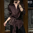 【初色】法式純色翻領長袖不對稱設計綁帶收腰造型上衣女上衣-棕色-16482(M-2XL可選) M 棕色