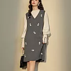 【MsMore】 灰色刺繡背心V領外搭針織毛衣洋裝# 126276 FREE 灰色