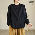 【初色】文藝復古風寬鬆純色拼接刺繡單排釦木耳邊立領長袖襯衫上衣女上衣-共2色-16438(M-2XL可選) L 黑色