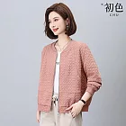 【初色】簡約休閒寬鬆薄款螺紋拼接圓領長袖夾克棒球外套女外套-共3色-16752(M-2XL可選) M 粉紅色
