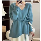 【MsMore】 不規則V領浣熊絨毛衣針織衫繫帶上衣# 126884 FREE 藍色