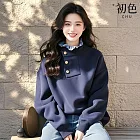 【初色】韓系拼接木耳邊領寬鬆長袖排釦T恤上衣女上衣-藏青色-16881(M-2XL可選) M 藏青色