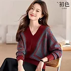 【初色】復古提花撞色V領蝙蝠袖短款長袖針織衫上衣女上衣-共2色-16955(F可選) F 紅色