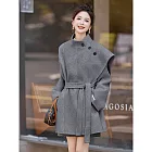 【MsMore】 雙面呢披肩大衣繫帶收腰中長款氣質外套# 126937 M 灰色