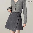 【AMIEE】率性格雷風皮扣毛呢A字半身裙(KDSQ-411) M 灰色