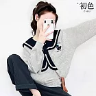 【初色】海軍休閒撞色拼接領巾刺繡圓領長袖水手服上衣女上衣-淺灰色-17417(M-XL可選) M 淺灰色