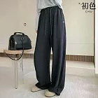 【初色】純色抽繩鬆緊腰寬鬆休閒褲寬褲闊腿褲運動褲-共2款2色-17228(M-XL可選) M 黑灰色九分