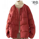 【初色】復古純色盤釦長袖口袋圓領加厚保暖棉服外套女外套-紅色-17600(M-2XL可選) M 紅色