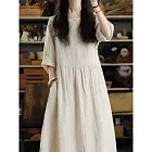 【ACheter】 七分袖連身裙純色麻棉文藝長洋裝# 127131 M 米白色