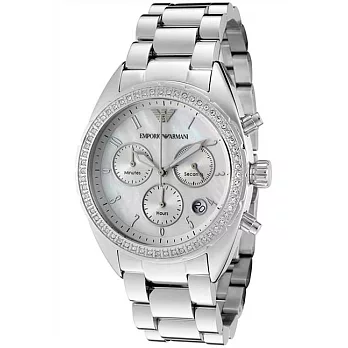 (預購)【EMPORIO ARMANI】義大利精品-三眼珍珠貝晶鑽鋼鍊女錶(AR5959)38mm