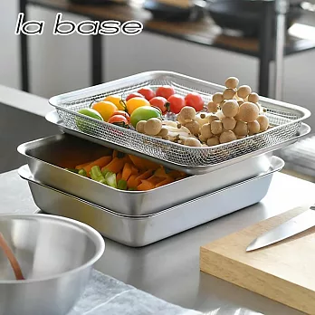 【有元葉子la base】日本製 304不鏽鋼長型調理碗/過濾網/調理盤(兩件組)