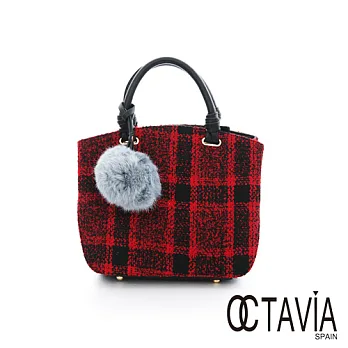 OCTAVIA 8 - 可愛毛球 毛呢格紋雙層手提包 - 黑與紅黑與紅