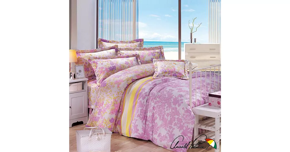 【Arnold Palmer雨傘牌】粉迷草醉月-60紗精梳純棉床罩雙人加大七件組