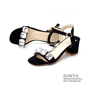 EOWYN.日系街頭美型時尚性感顯瘦水鑽釦環百搭休閒粗跟涼鞋EMD00839-70/2色/34-39碼現貨+預購黑色34