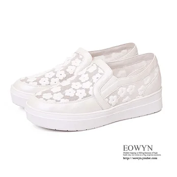 EOWYN.2015時尚百搭新款甜美網紗花朵圓頭休閒平底包鞋/涼鞋EMD00878-86/2色/34-39碼現貨+預購白色34