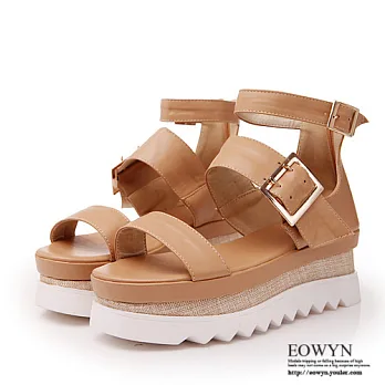 EOWYN.2015時尚個性新款釦環後拉鏈拼色百搭坡跟鬆糕楔形涼鞋EMD00923-83/3色/34-39碼現貨+預購杏色34