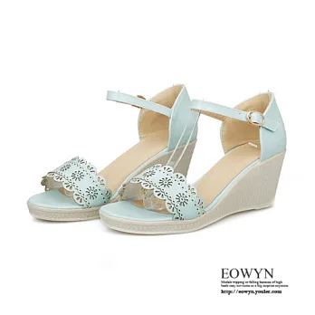 EOWYN.韓版時尚新款百搭甜美雕花釦環舒適坡跟厚底楔形涼鞋EMD00900-57/3色/34-39碼現貨+預購藍色34
