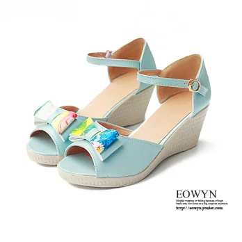 EOWYN.日韓甜美印花蝴蝶結釦環時尚夏季百搭坡跟厚底楔形涼鞋EMD00902-57/3色/34-39碼現貨+預購藍色34