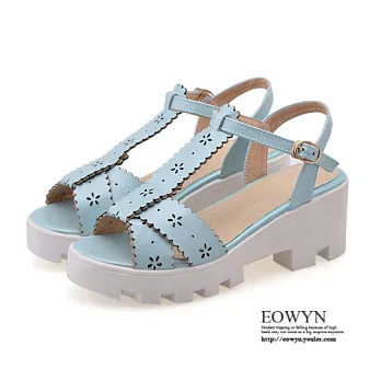 EOWYN.日韓時尚金屬釦環夏季甜美鏤空雕花小清新百搭粗跟T字涼鞋EMD01061-63/3色/34-39碼現貨+預購藍色34