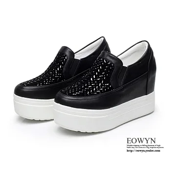EOWYN.歐美時尚性感獨特設計新款水鑽圓頭舒適百搭休閒坡跟厚底鬆糕包鞋EMD01079-89/2色/34-39碼現貨+預購黑色34