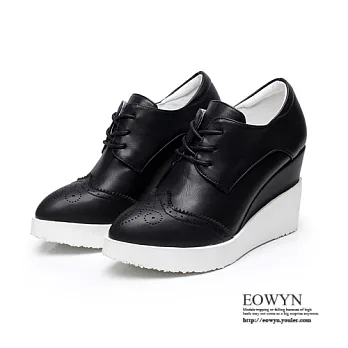 EOWYN.優雅簡約學生鞋韓版休閒舒適復古雕花日韓系綁帶休閒坡跟厚底鬆糕包鞋EMD01080-83/2色/34-39碼現貨+預購黑色36