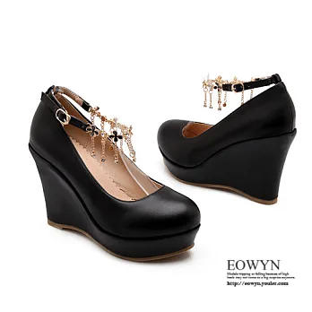 EOWYN.日韓甜美時尚百搭小清新花朵金屬水鑽垂飾釦環圓頭坡跟鬆糕包鞋EMD01114-73/3色/34-39碼現貨+預購黑色34