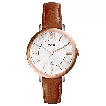 FOSSIL 網羅質感日期時尚腕錶-玫瑰金框白x咖啡皮帶