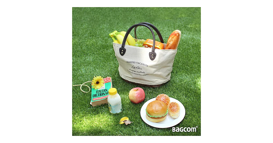 Bagcom Masaki 小巴黎牛皮麻布藤編包-淺色