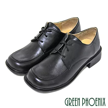 【GREEN PHOENIX】女 學生鞋 綁帶 方頭 全真皮 低跟 台灣製 JP23.5 黑色