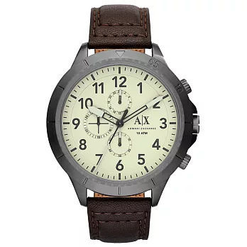 A│X Armani Exchange 時刻終戰三眼計時腕錶-白X深咖啡皮帶