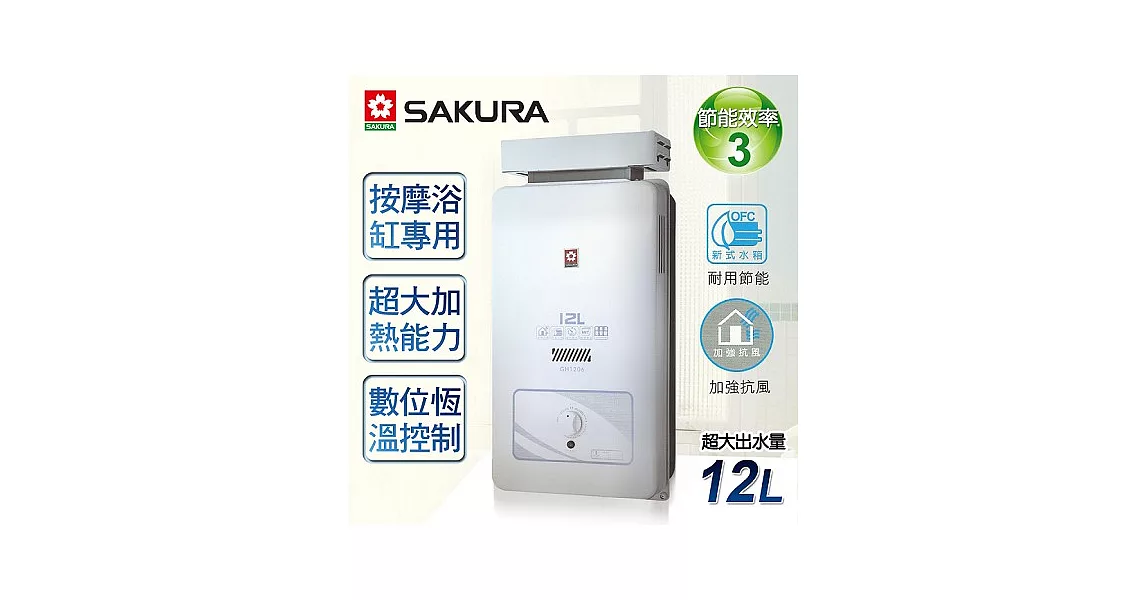 【櫻花牌】12L屋外抗風型熱水器/GH-1206(天然瓦斯)