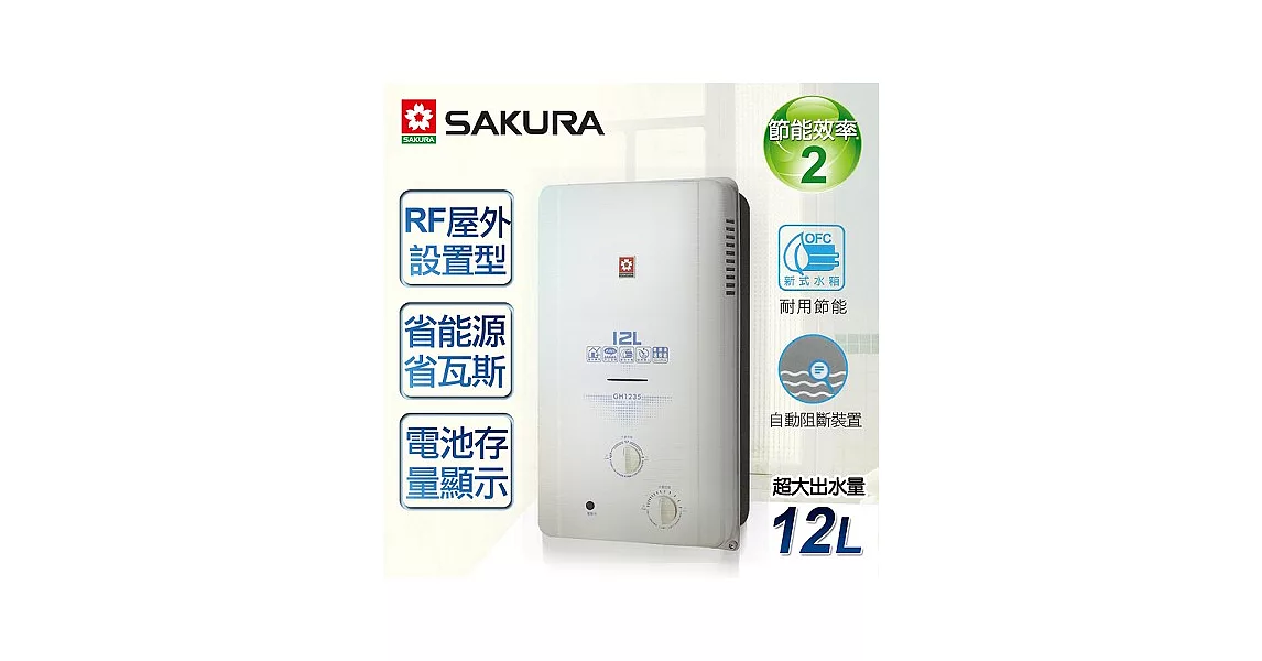 【櫻花牌】12L屋外ABS防空燒熱水器/GH-1235(天然瓦斯)