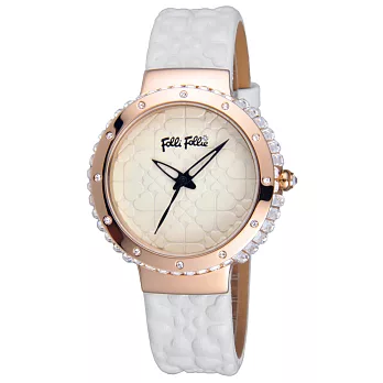 Folli Follie 海洋風情晶鑽時尚腕錶-玫瑰金框白x皮帶