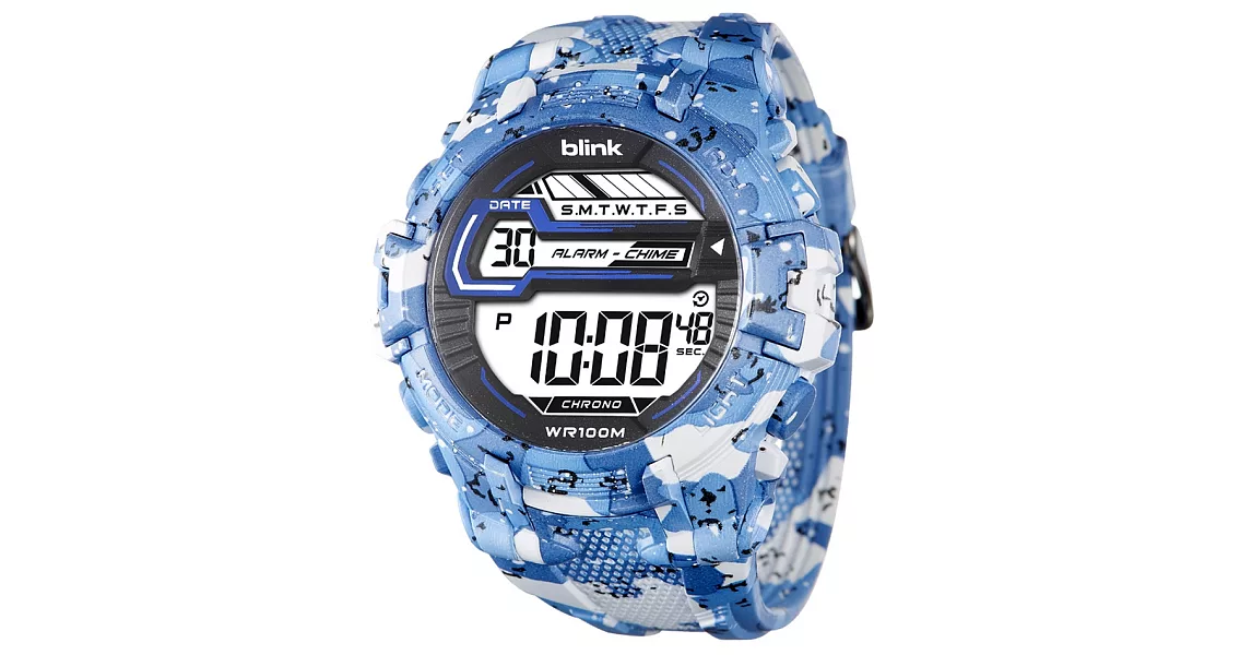 blink 活力繽紛多色潮流迷彩電子錶-M1087-DE(白藍)