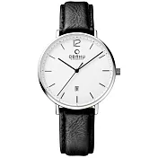 OBAKU 極致簡約時尚日期腕錶-銀框X皮帶黑