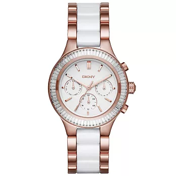 DKNY 精緻雅典娜三眼時尚腕錶-玫瑰金x雙材質錶帶