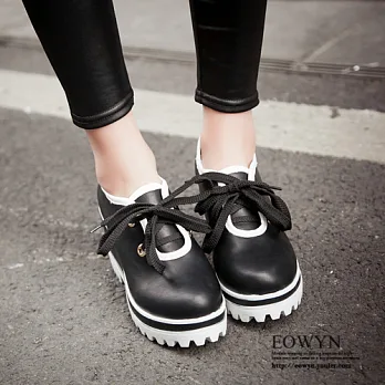 EOWYN.2016韓版新款系帶圓頭拼色休閒坡跟楔型包鞋EMD04684-65/3色/34-39碼現貨+預購34黑色