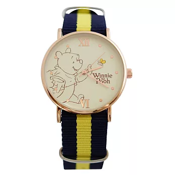 Disney 授權迪士尼系列 英倫風格多種顏色休閒帆布錶帶搭配玫金錶框-小熊維尼