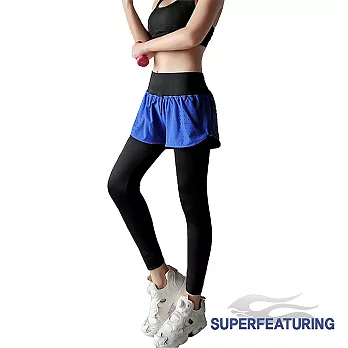 【SUPERFEATURING 】WPD-10靓色彈性透氣假兩件緊身褲S（黑藍）