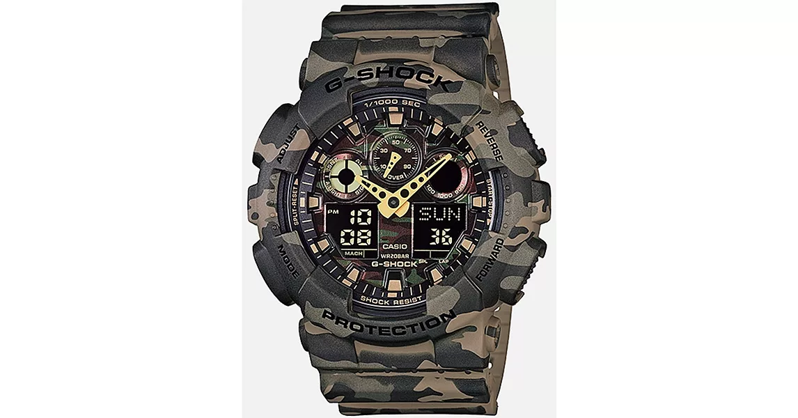 【CASIO】卡西歐 G-SHOCK系列 迷彩魅力時尚雙顯電子錶 (迷彩綠 GA-100CM-5A )