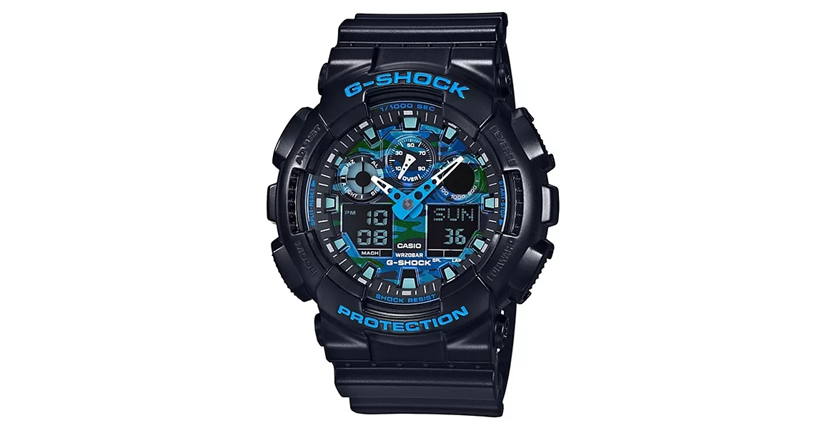 【CASIO】卡西歐 G-SHOCK系列 酷炫迷彩設計雙顯電子錶 (藍 GA-100CB-1A )