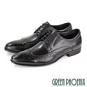 【GREEN PHOENIX】男 紳士皮鞋 商務皮鞋 牛津鞋 雕花 綁帶 全真皮 EU42 黑色