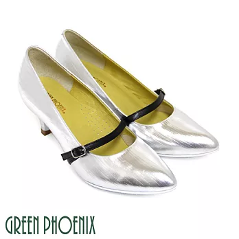 【GREEN PHOENIX】女 高跟鞋 瑪莉珍鞋 國際精品 復古 直條紋 義大利小羊皮 尖頭 EU37.5 銀色