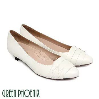 ◤Green Phoenix◥純粹典雅線條感抓皺全真皮尖頭低跟包鞋US6米色