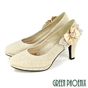【GREEN PHOENIX】女 高跟鞋 婚鞋 宴會鞋 蝴蝶結 花 水鑽 金蔥 全真皮 防水台 台灣製 JP22 金色